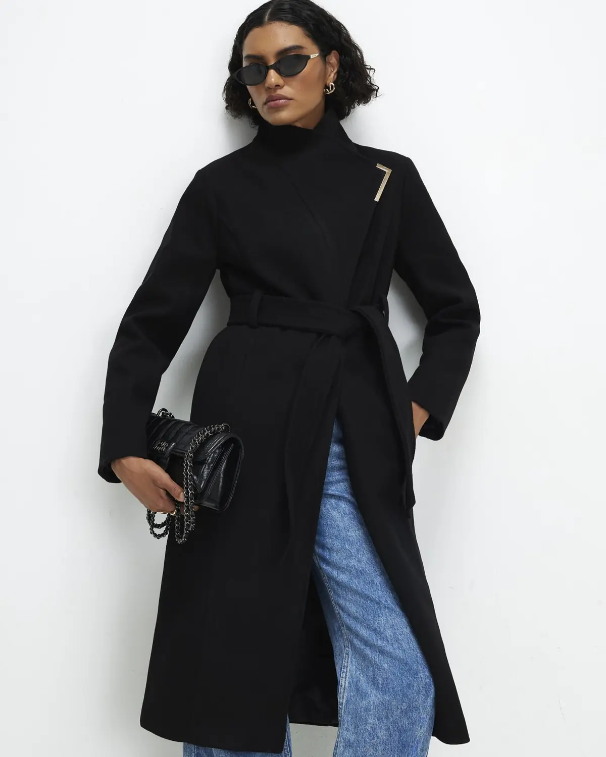 پالتو بلند کمربنددار مدل روپوش - مشکی - تصویر 3